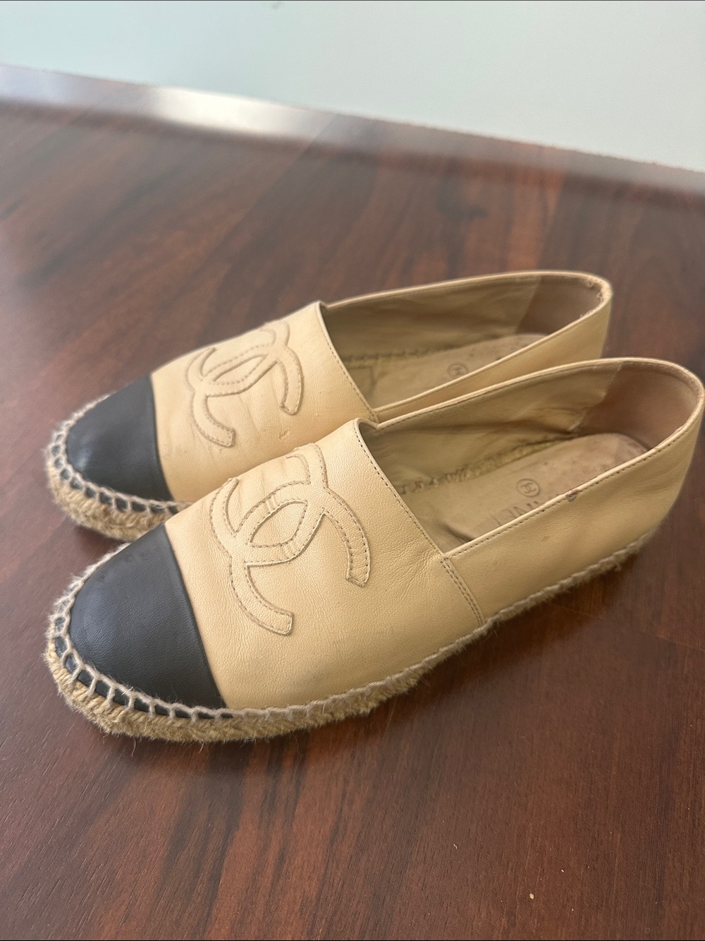 Chanel Beige and Black Leather Espadrilles with Logo Accent 36 US 6